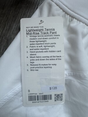 Lululemon Lightweight Tennis Mid-Rise Track Pant, White, NWT, Size
