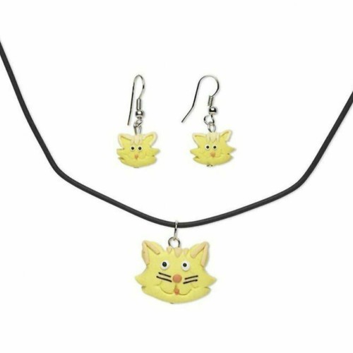 Handmade Yellow Kitten Cats Fimo Polymer Clay Necklace Earrings Jewelry Set