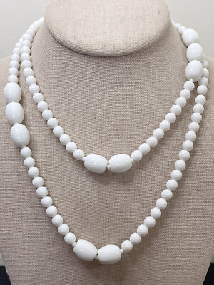 Milk Glass, Vintage Beaded Necklace, Tag Still On, 36'' Length