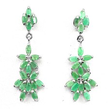 Natural GEM Marquise 5x2.5mm Green Emerald 925 Sterling Silver DANGLE Earrings
