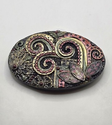 Gürtelschnalle handbemalt Steampunk Stil Ornamente Blumen Polymer Clay 10x6,6 cm