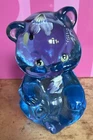 Fenton Art Glass Blue Bear Figurine Hand painted Floral Signed S Barnett 3”