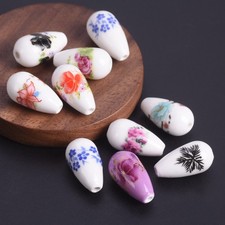 10pcs Flower Patterns 10x20mm Teardrop Shape Ceramic Porcelain Loose Beads Lot