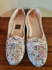 Vtg Brocade Daniel Green Slippers House Shoes Womens Size 6 Floral Bow USA
