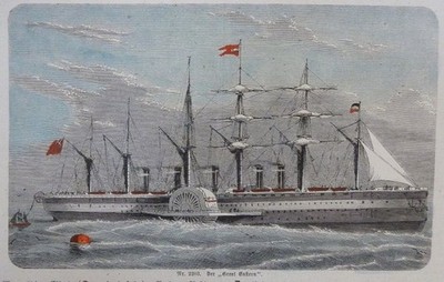 kolorierter Holzstich Der ''Great Eastern'' ( Raddampfer Seefahrt )