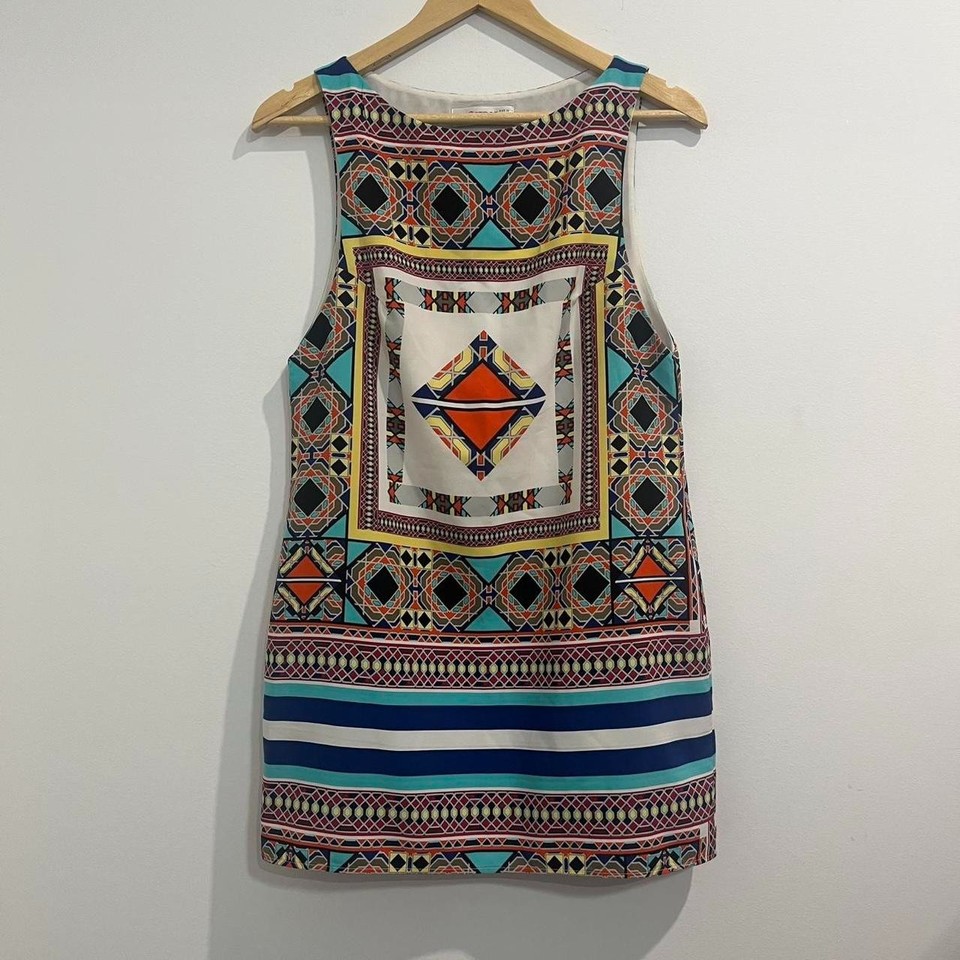 Bec & Bridge Palazzo Mini Shift Dress Sleeveless Bright Geometric Print Size 10