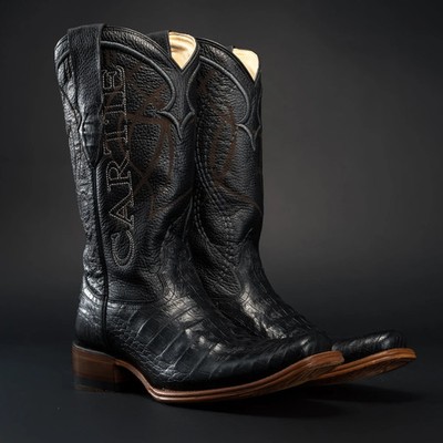 Genuine Leather Exotic Caiman Belly Print Square Toe Cowboy Western Boots -Black