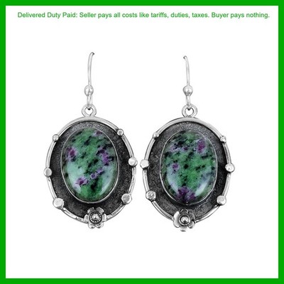Oval Ruby Zoisite Stone Hook Dangle Drop Wedding Gift Earrings Sterling Silver