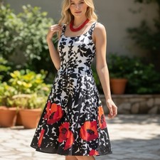 Nine West Women’s Fit & Flare Dress Boned Bust Black White Red Floral Poppy 4