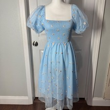Shein Blue Puff Sleeve Daisy Embroidered Midi Dress CottageCore – Women's Small