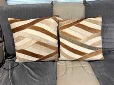 TWO Natural Home Decor Gray Brown Beige Striped Cowhide Throw Pillow, 20  x20  