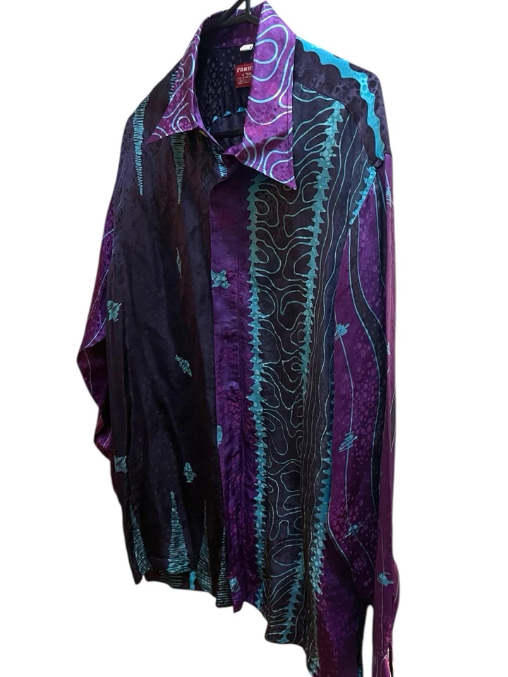 Camisa de seda vintage para hombre estampado batik años 90 Dandy Elvis Rockabilly azul púrpura XL Foto 4 de 4
