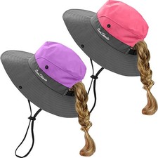 Kids Girls Ponytail Summer Sun Hat Wide Brim UV Protection Bucket Beach Cap