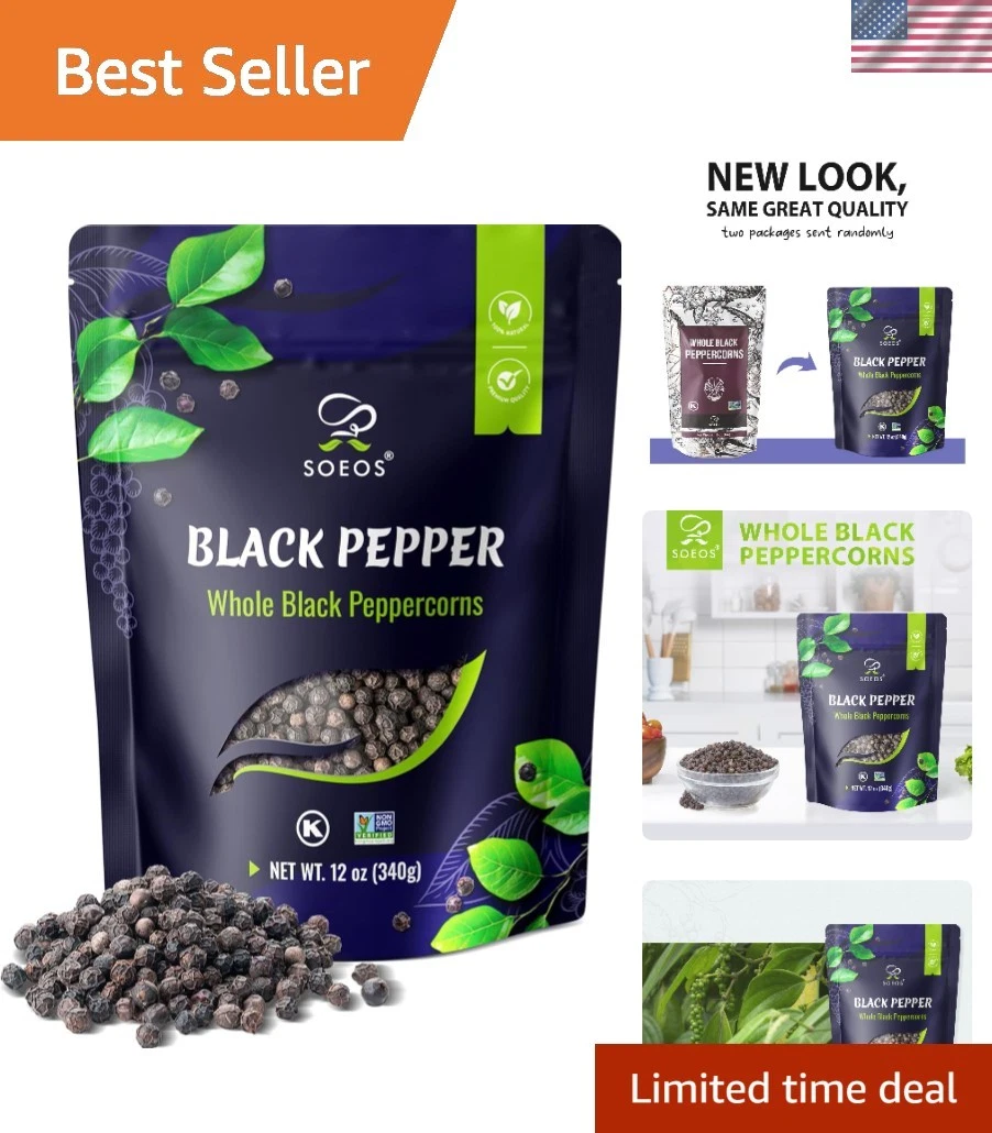 Fresh Black Peppercorns, 12oz, Whole, Non-GMO, Kosher, Bulk