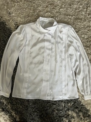 VTG Antonella Long Puff Sleeve White Polka Dot Pleated Blouse Cottagecore L 80s