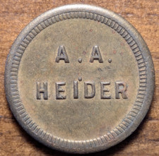 Moline 1920, Illinois IL A. Ficha comercial de 5¢ A. Heider (ferretería minorista)