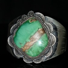Men's Navajo Signed Natural Royston Turquoise Sterling Cuff Bracelet T.Jon