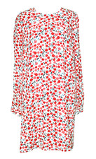 LOFT M Dress Cherry Print Shift White Red Pink Long Sleeve Crepe