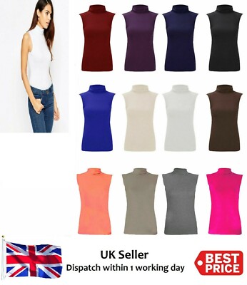 Ärmelloses schlichtes Polo Rollkragen-Top für Damen Frauen Freizeit Party neu 8-26