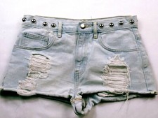 Forever 21 Women's Booty Jean Shorts Size 27 Solid Blue Studded Distressed