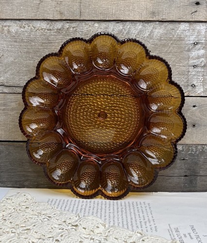 Indiana Hobnail Bubble Depression Glass Deviled Egg Plate 15 Eggs Amber ๐ค - Picture 13 of 13