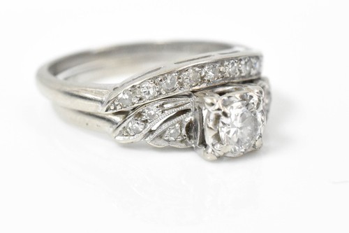 Vintage 14K White Gold 1/3cttw Natural Diamond Wedding Set 3.8G SZ 6 - Picture 2 of 8