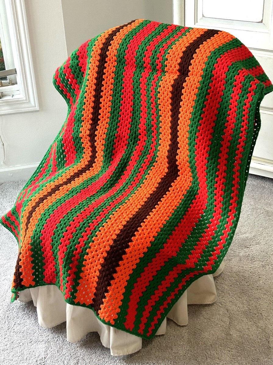 その他 USED HANDMADE BLANKET Vintage Handmade Crochet Zig Zag Stripe Blanket Throw 67”x34