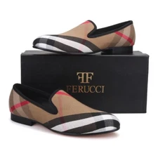 FERUCCI Plaid Khaki Fabric Slippers loafers Flats