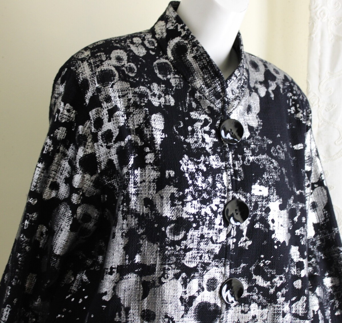 Caroline Rose XL Black Silver Art-Wear Floral Woven Chic 3/4 Jacket Blazer Lux  View 4