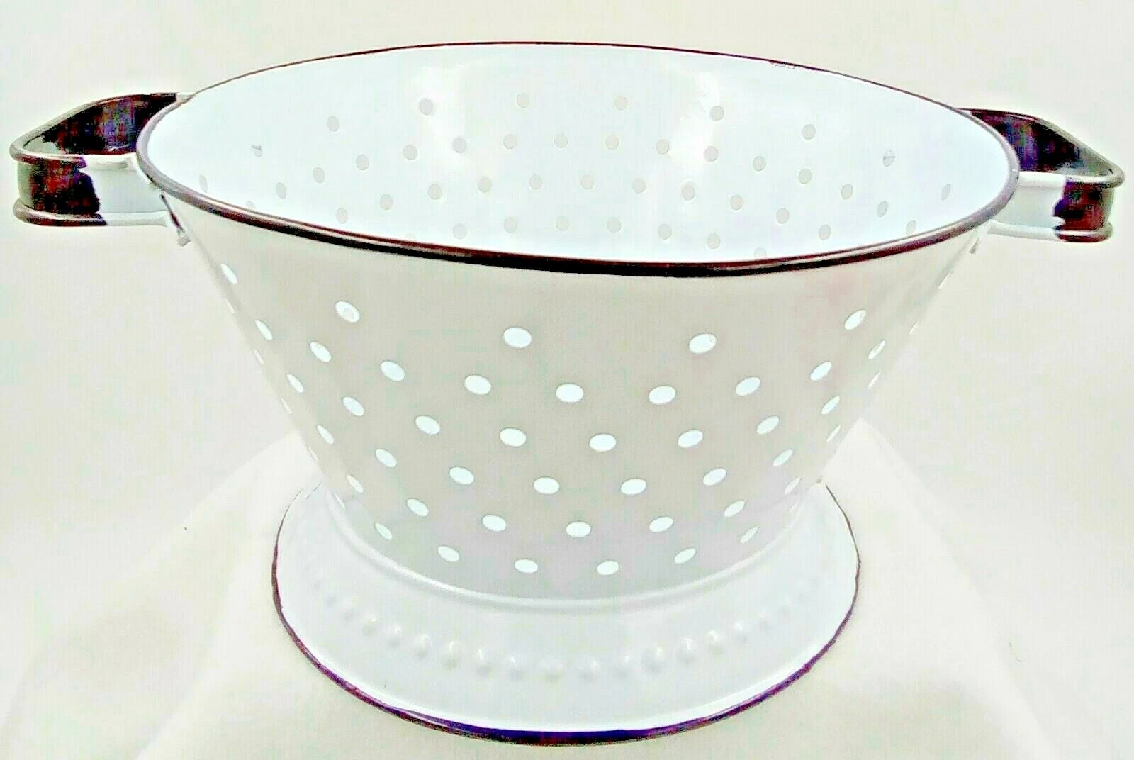 White Black Enamelware Metal Strainer Colander Decorated Base Handles 6"x11"x5"