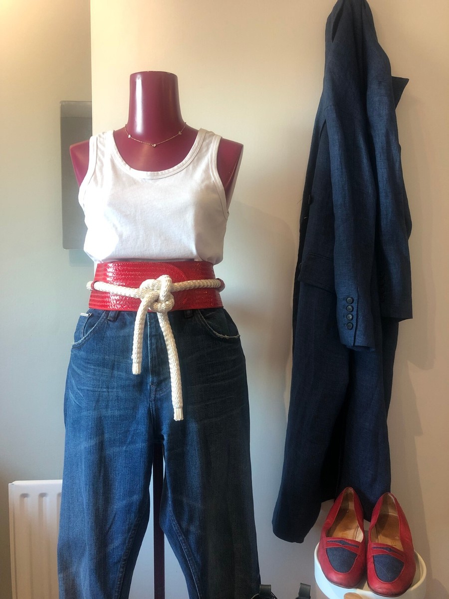 90s Italy BALENCIAGA バレンシアガ ベルト ワインレッド BALENCIAGA Belt Red Leather Textile with Rope Detailing up