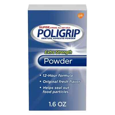 Super Poli-Grip 1.6 Oz Denture Adhesive Powder (PoliGrip)- Strong Hold & Comfort