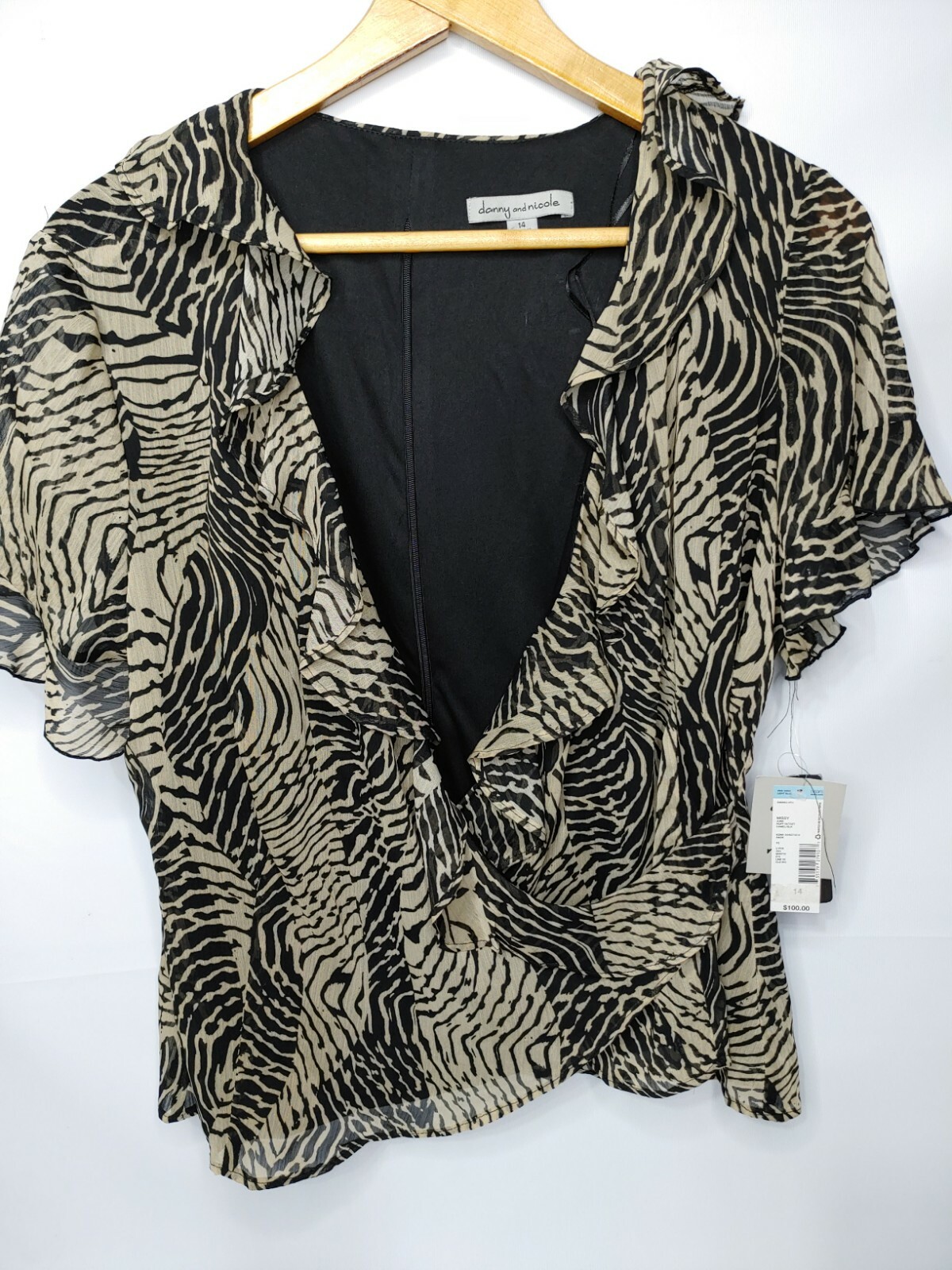 DANNY NICOLE Black Ruffled Open Front Top S Sleeve SIZE 14 Animal Print Career