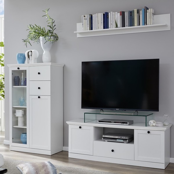 Trendteam Anbauwand Tv-Lowboard Vitrine Highboard Fernsehschrank Wohnwand Weiß-image