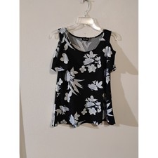 Star Vixen Womens Cold Shoulder Floral Blouse Black White Blue XL Made in USA