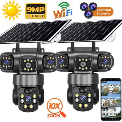 3 Lens Solar Battery Home Security Camera Outdoor Wifi Wireless PTZ CCTV Home