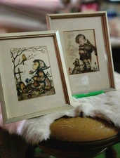 2 Vintage Berta Hummel Framed Prints Boy W/Dog & Girl W/Bird 1950's Wall Art