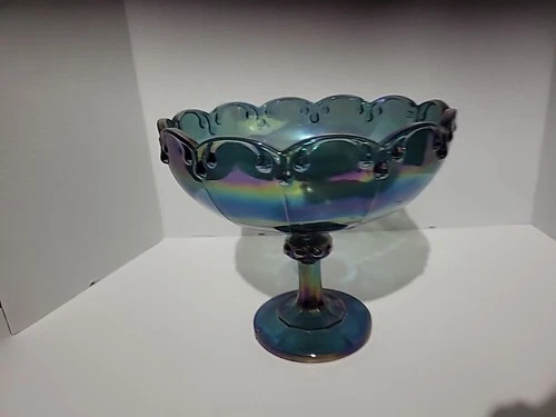 Vintage Indiana Carnival Glass Iridescent Blue Garland Teardrop Pedestal Bowl