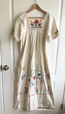1970s Oaxaca Mexican Colorful Dress With Multi Colored Hand Embroidery
