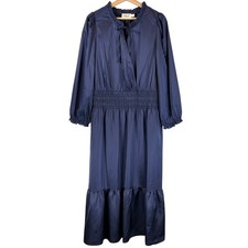 Eliza J Ruffle Trim Long Sleeve Satin Maxi Dress Womens 18 Navy NWT
