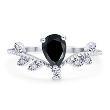 Floral Pear Teardrop Natural Black Onyx Chevron Ring 925 Sterling Silver 9mm