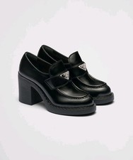 Prada Women's Chocolate Flow Brushed Leather Heeled Loafers Size 37.5 EU 7.5 US