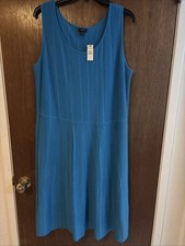 Talbots Aqua Blue Fit Flare Dress Sleeveless Ribbed Striped Career Midi Sz 1X