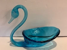 Vintage Viking Glass Aqua Blue Swan Candy Dish Figurine Hand Blown Art Glass 6”