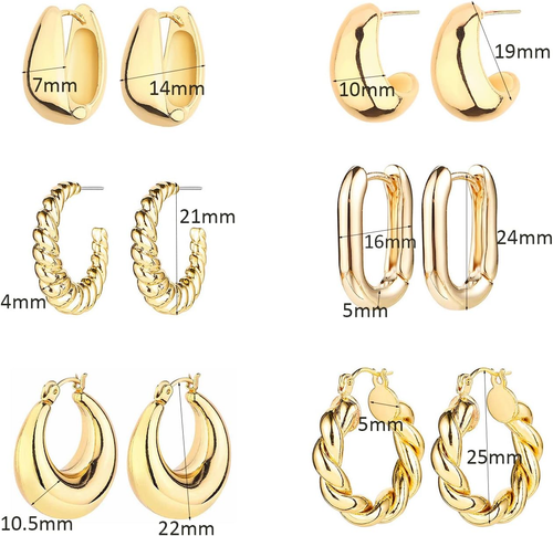 6 Pairs 14K Gold Hoop Earrings for Women Lightweight Chunky Hoop Earrings Multip - Picture 7 of 9