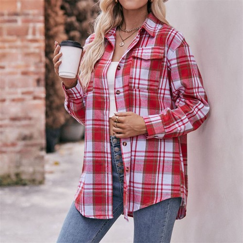 Plaid Shirt Women's Clothing Eisure Fashion Polyester Oversize Loose Sports Coat - Picture 2 of 21