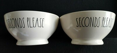 TWO RAE DUNN CEREAL BOWLS ''Seconds Please'' Ivory Footed Set of 2 BRAND NEW