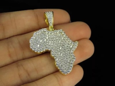 2Ct Round Cut Real Moissanite Africa Map Pendant 14K Yellow Gold Plated 18 Chain
