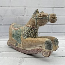 Vtg Wood Rocking Horse Hand Carved  Painted Carousel Folk Art Lying Down 11.25"