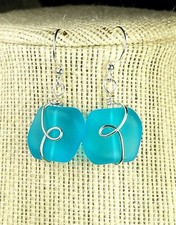 AQUA BLUE Cultured sea glass Handwrapped w silver plated wire drop earrings 1"L